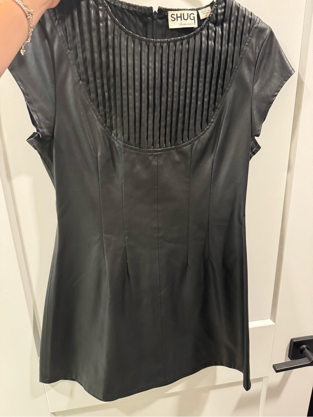Shug Black Faux Leather Pleated Yoke Women's Top